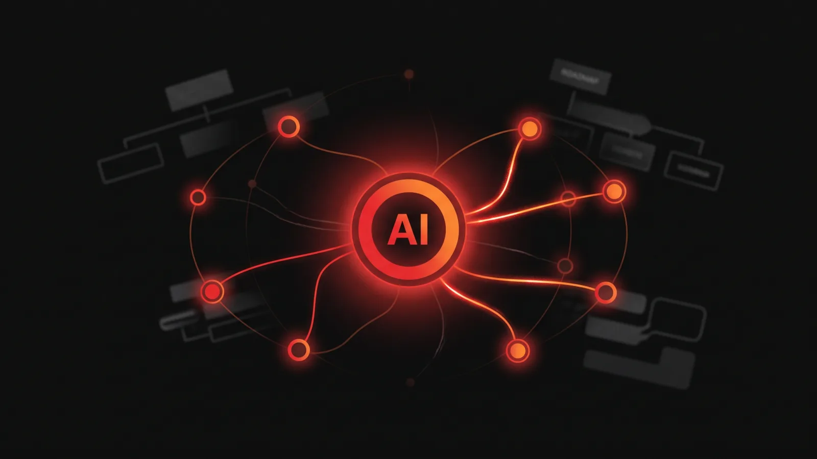 A glowing AI hub wired to a ring of nodes over faint org-chart fragments