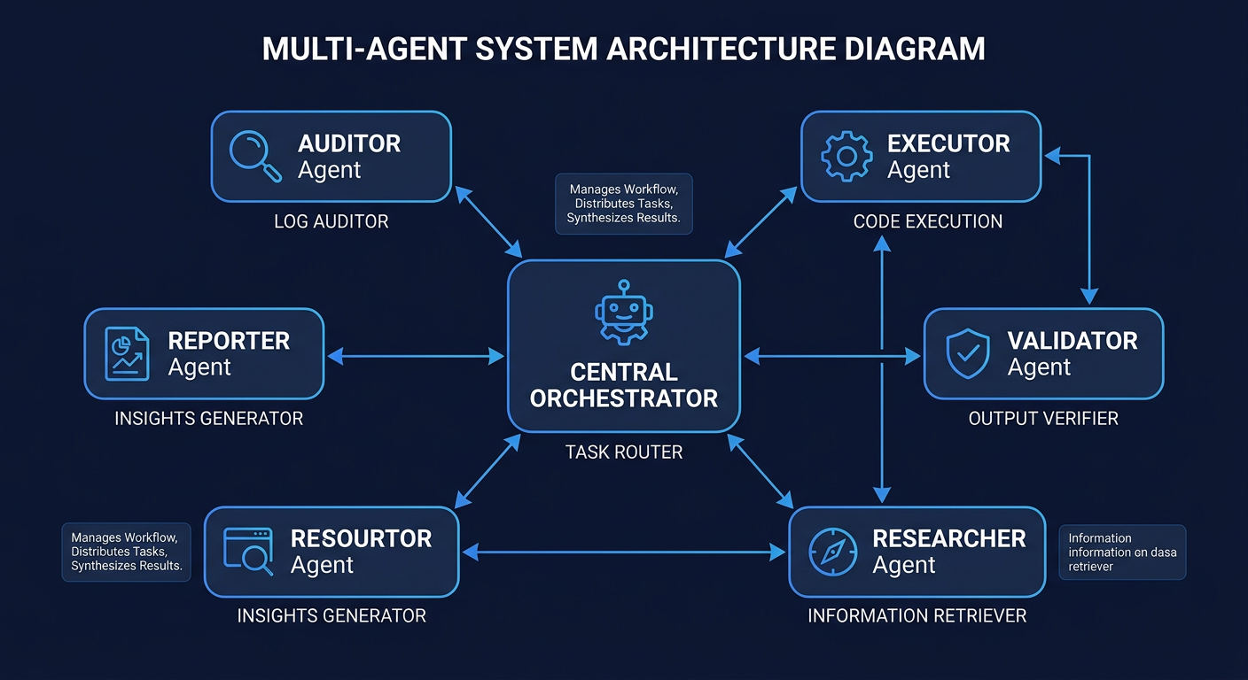 Multi-Agent Fleet Architecture - Orchestrator coordinating specialized agents for audit, execution, and validation