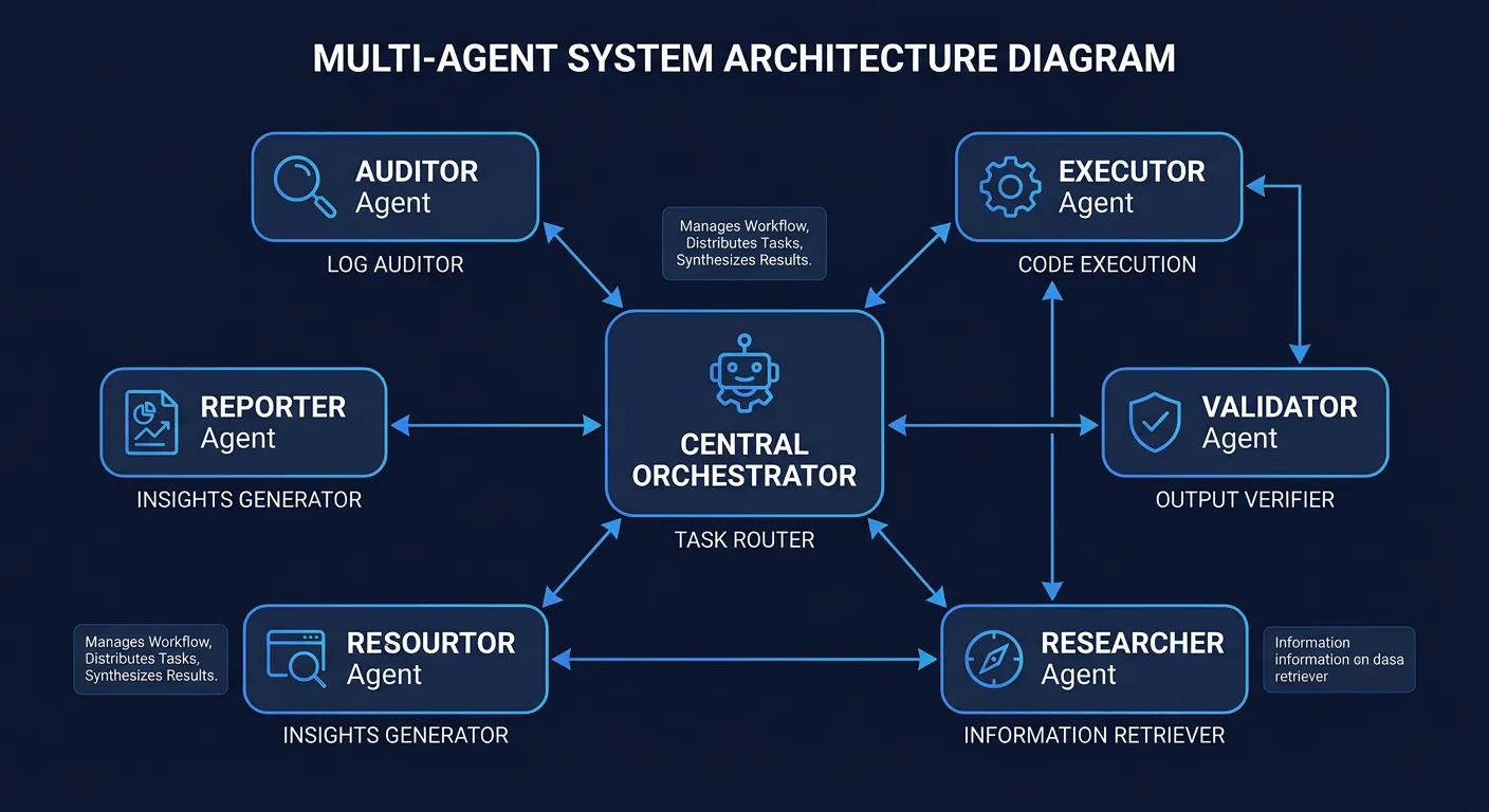 Multi-Agent Fleet Architecture - Orchestrator coordinating specialized agents for audit, execution, and validation