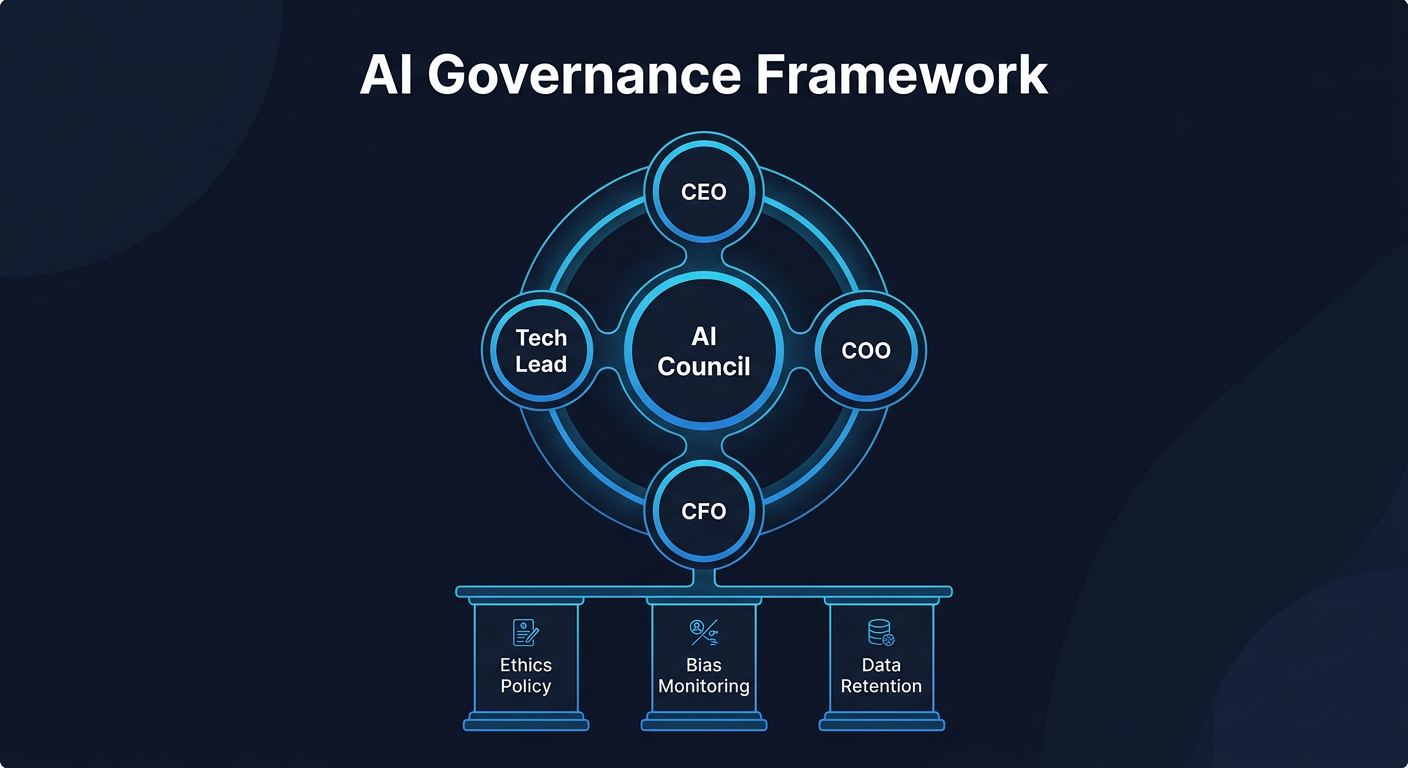 AI Governance Framework - Cross-departmental council with ethics, bias monitoring, and data retention pillars