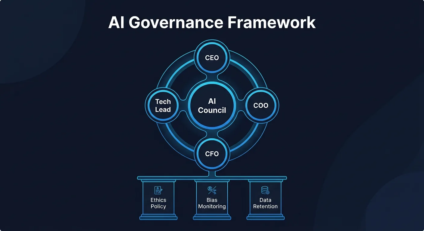 AI Governance Framework - Cross-departmental council with ethics, bias monitoring, and data retention pillars