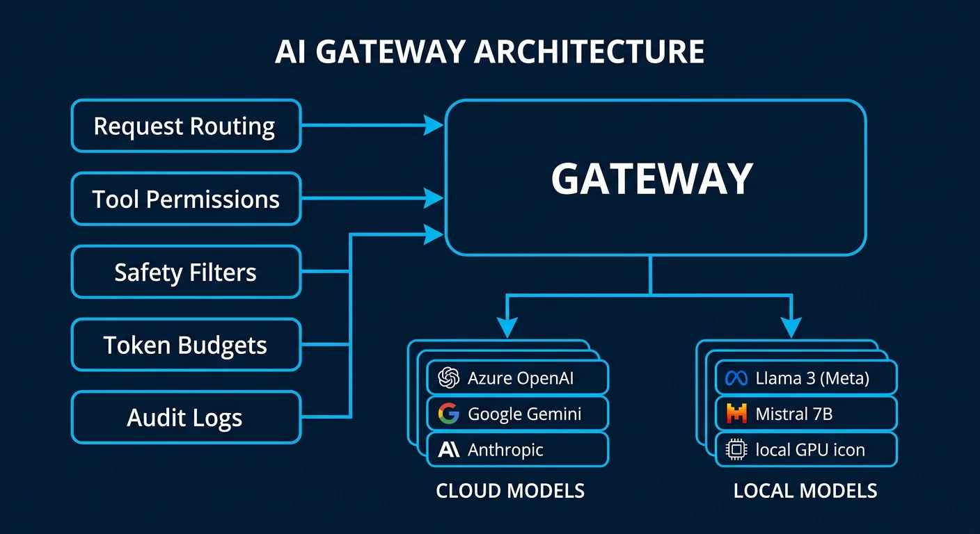 AI Gateway Architecture - Request routing, tool permissions, safety filters, token budgets, and audit logging