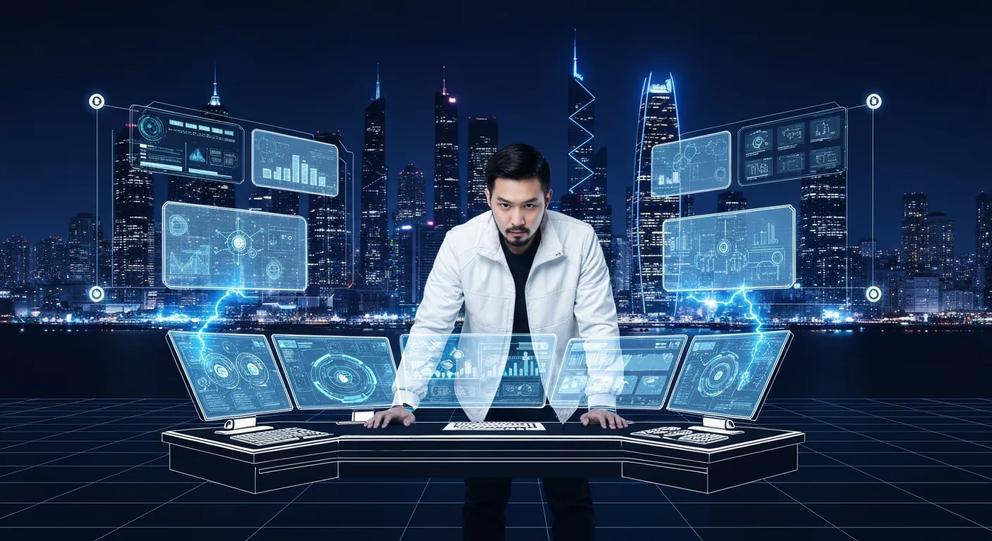 AI agent orchestration - a person managing multiple autonomous AI workflows from a central workstation