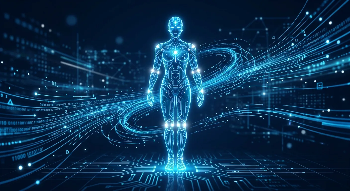 AI agent represented as a glowing digital humanoid made of circuit patterns with electric blue data streams