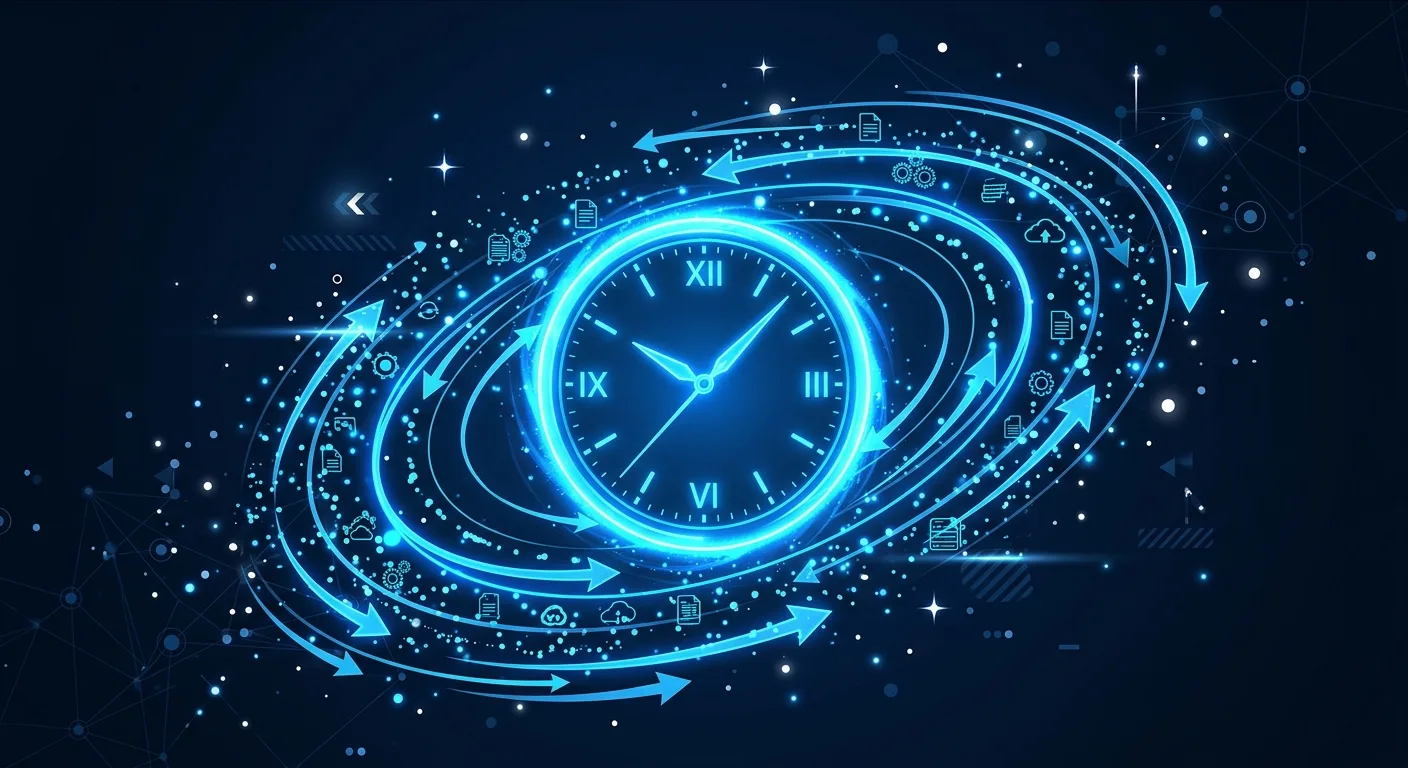 Glowing clock surrounded by data particles representing 24/7 always-on AI automation