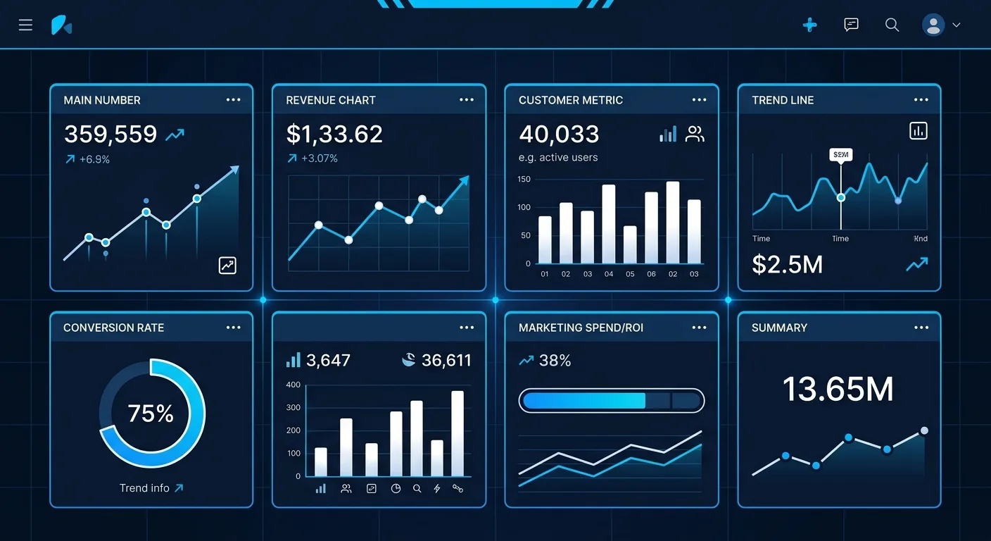 AI dashboard overview with KPI cards showing revenue and customer metrics