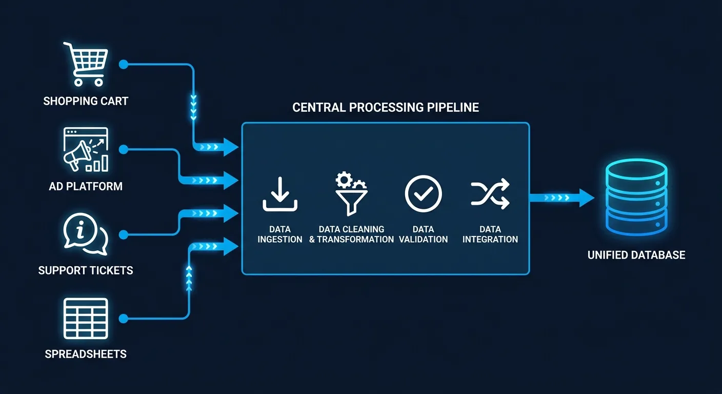 Data pipeline diagram showing multiple business sources feeding into unified database