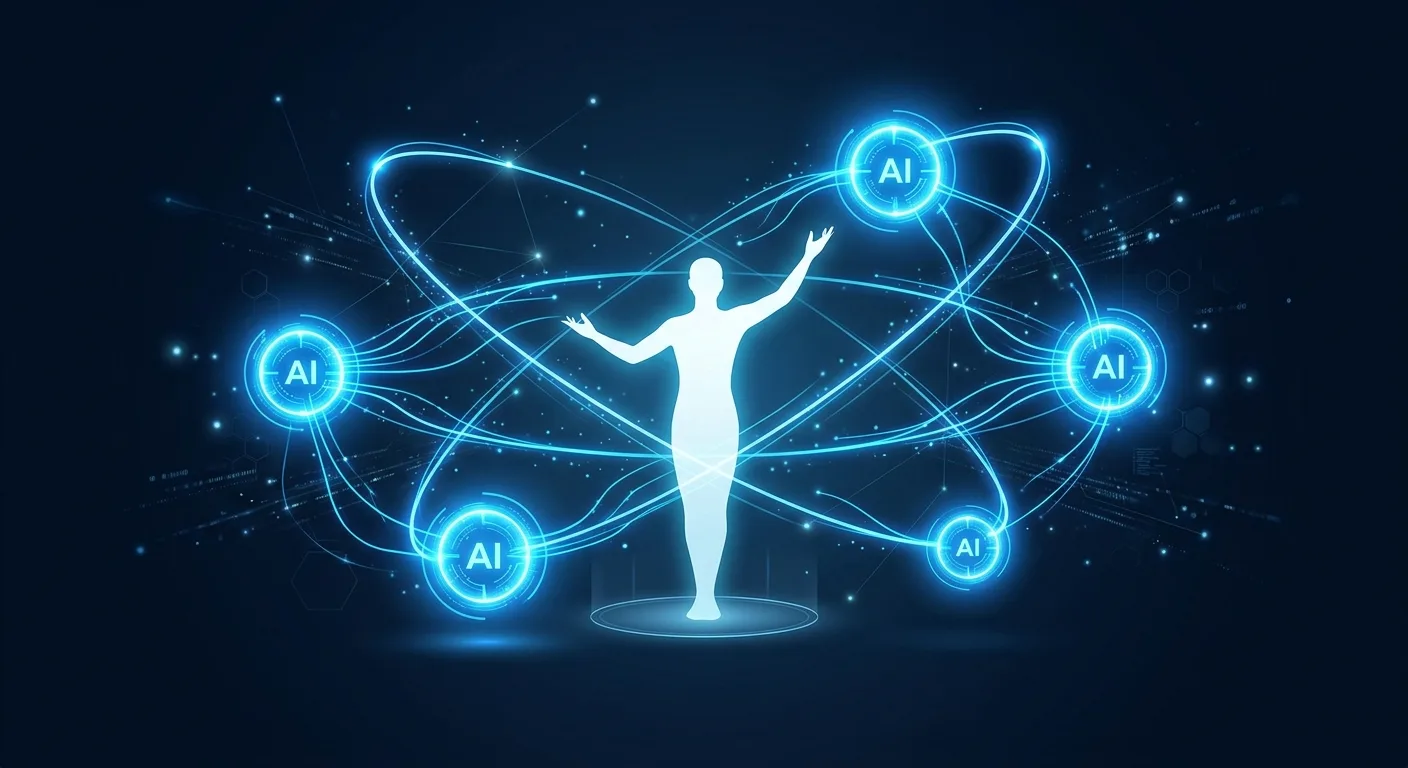 Human figure orchestrating multiple AI agent nodes in a connected network