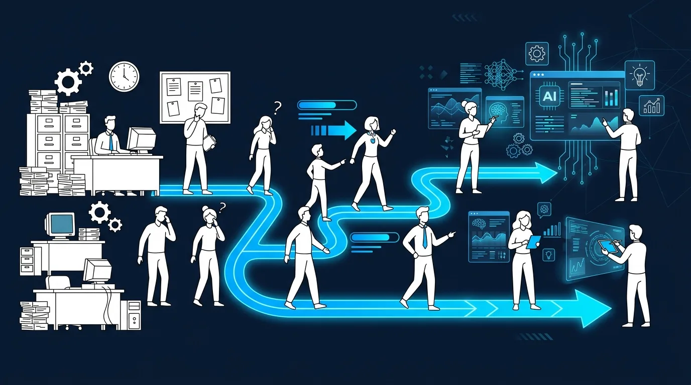 Change management journey showing team transition to AI-powered workflows