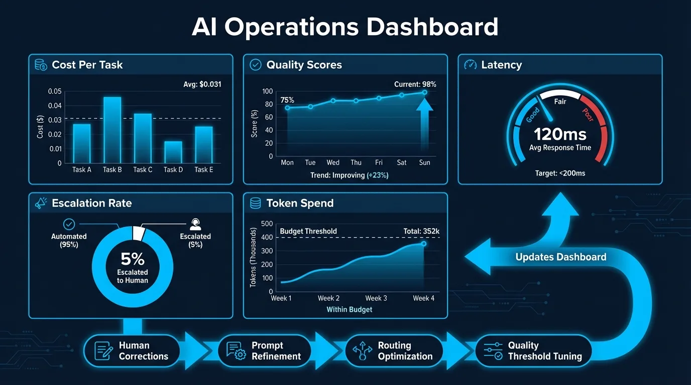 AI Operations Dashboard - Cost, quality, latency, escalation, and token spend tracking